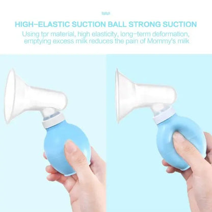 Blue and white manual breast pump held by hands against a light blue background