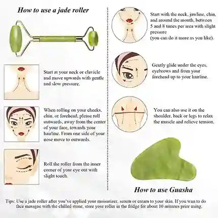 Instructions on how to use a jade roller with illustrations and text.