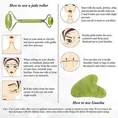 Instructions on how to use a jade roller with illustrations and text.