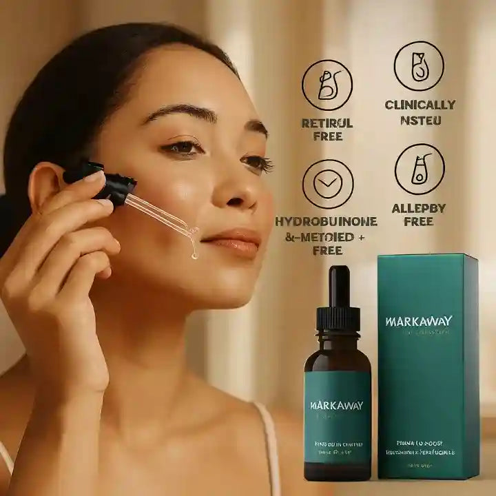 Woman applying skincare product with Markaway dropper and bottle, against a beige background with brand icons.