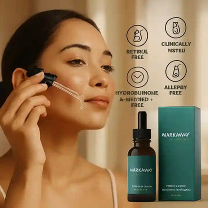 Woman applying skincare product with Markaway dropper and bottle, against a beige background with brand icons.