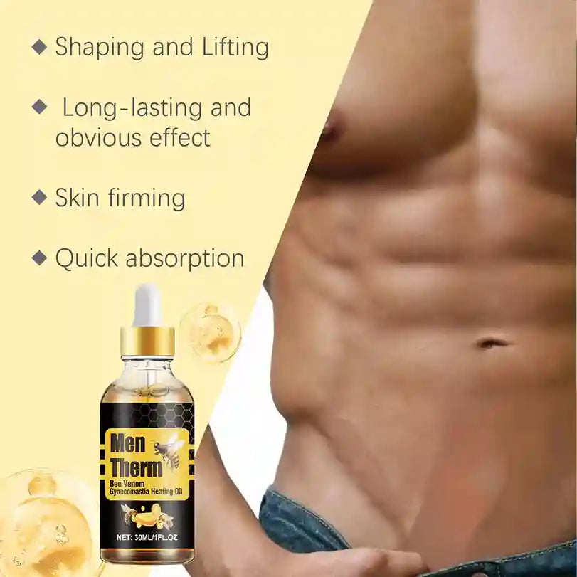 Bottle of Men Thermo oil with text on a yellow background