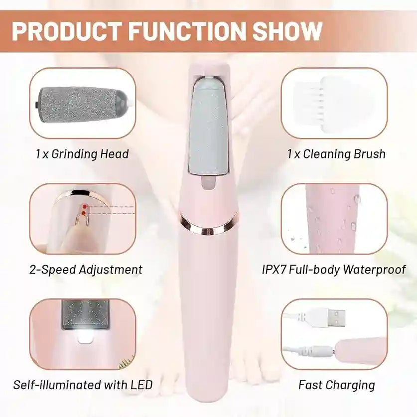 Product function display with a pink cleaning brush and its features on a light background.