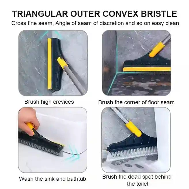Triangular scrubber with convex bristles used for cleaning high crevices, corners, sinks, and bathtubs.