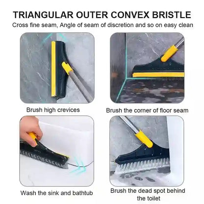 Triangular scrubber with convex bristles used for cleaning high crevices, corners, sinks, and bathtubs.