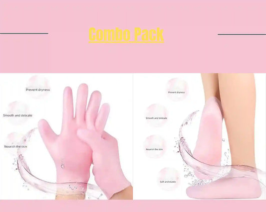 Pink gloves and foot care products with a pink background and 'Combo Pack' text.
