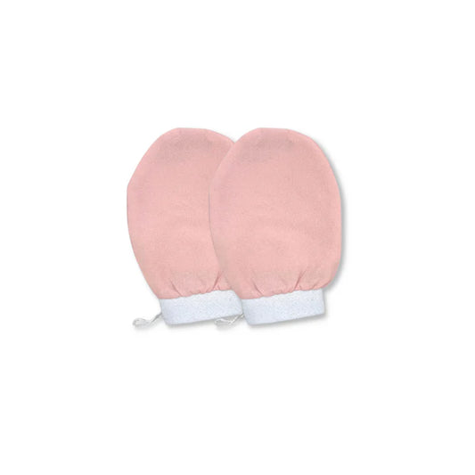 Pair of pink mittens with white cuffs on a white background