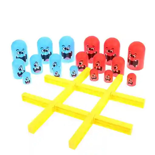 Colorful toy set with blue and red characters and yellow sticks on a white background
