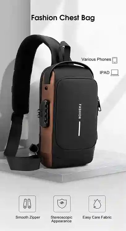 Black fashion chest bag with brown interior on a white background