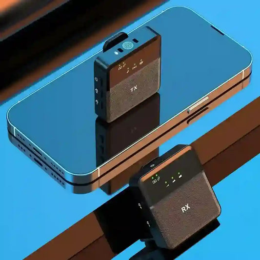 Two wireless transmitter and receiver devices on a reflective surface with a blue background.