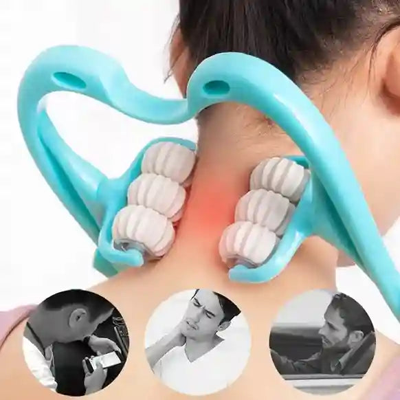 Person using a neck and shoulder massager with close-up insets showing different views.
