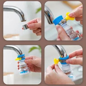 Step-by-step process of using a water filter attachment on a faucet.