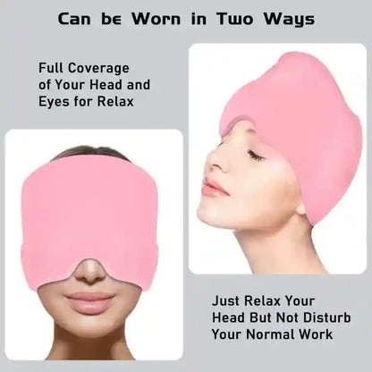 Pink headband with eye cover for relaxation, shown on a person.