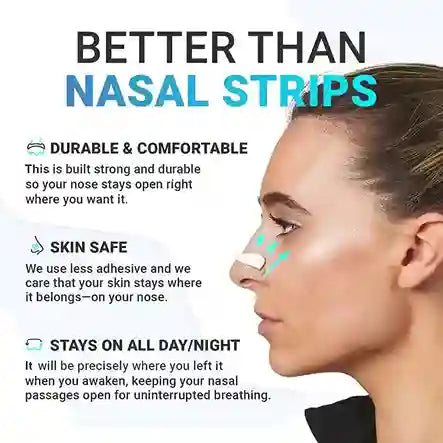 Product advertisement for nasal strips with a woman's face wearing them, highlighting durability, comfort, and safety.