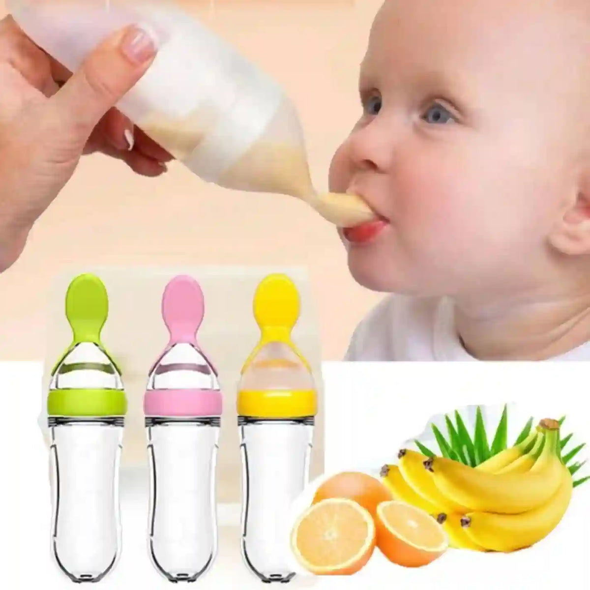 Baby being fed with a spoon, surrounded by colorful baby bottles and bananas.