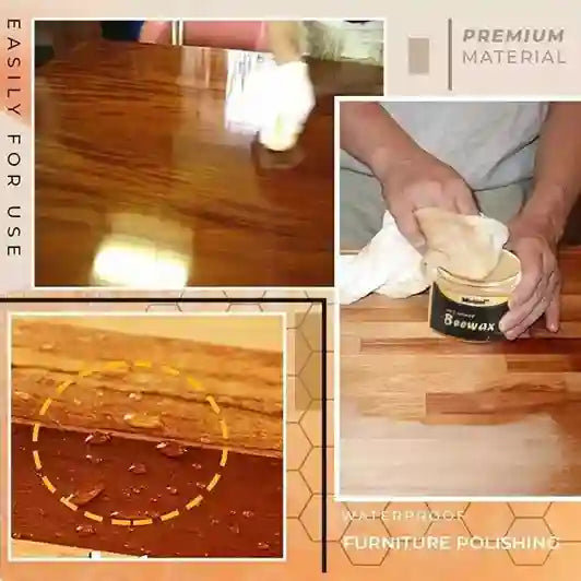 Step-by-step process of furniture polishing with a person applying wax to a wooden surface.