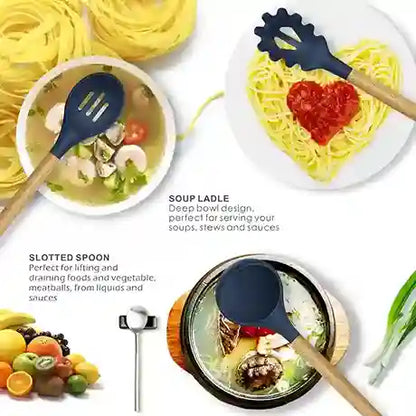 Silicone kitchen utensils including a slotted spoon and soup ladle being used in various cooking scenarios.