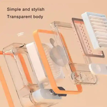 Transparent phone case with orange accents on a light pink background