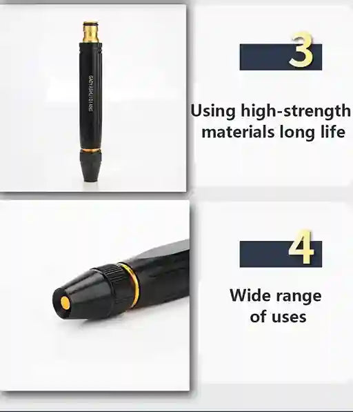 Black pen with gold accents on a white background, featuring text about high-strength materials and wide range of uses.