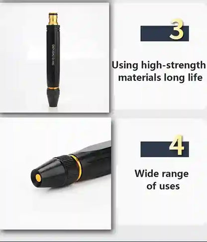 Black pen with gold accents on a white background, featuring text about high-strength materials and wide range of uses.