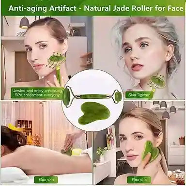 Advertisement for a natural jade roller for face with images of women using it and text describing its benefits.