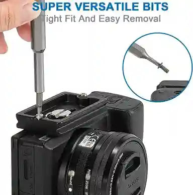 Camera lens with a screwdriver bit holder and text highlighting versatile bits.