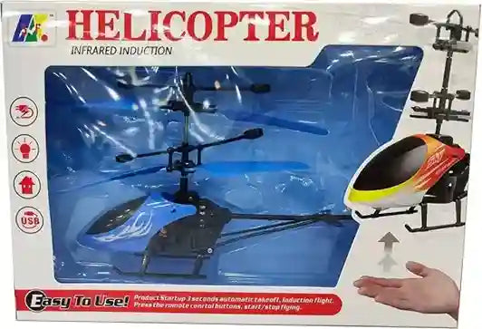Boxed toy helicopter with infrared induction feature on a white background