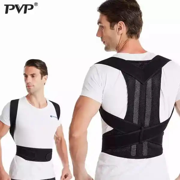 Man wearing a black posture corrector with PVP branding on a white background