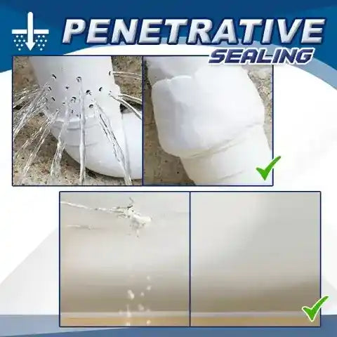 Penetrative sealing product with before and after images on a blue and white background.