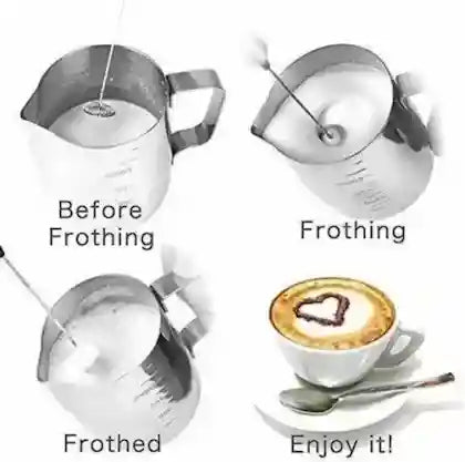 Stages of a milk frothing pitcher with a finished cappuccino and text 'Before Frothing', 'Frothing', 'Frothed', and 'Enjoy it!'.