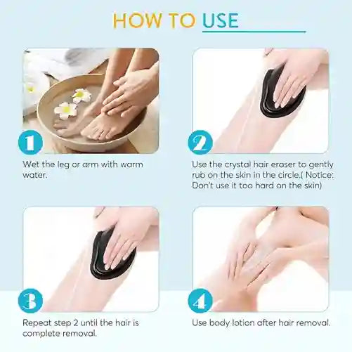 Step-by-step guide on how to use a crystal hair eraser with images and text.