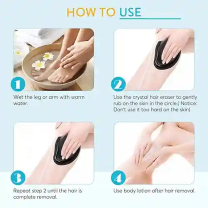 Step-by-step guide on how to use a crystal hair eraser with images and text.
