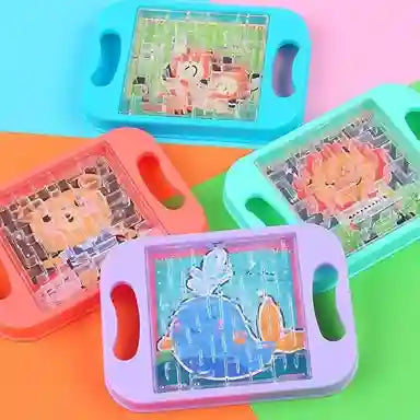 Colorful transparent puzzle toys with cartoon designs on a colorful background