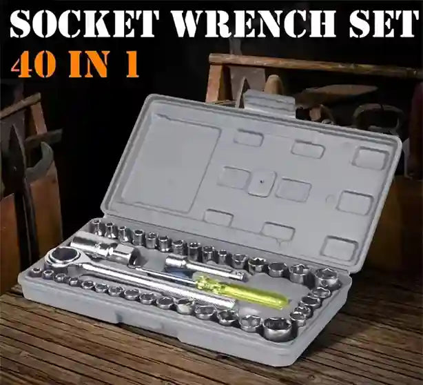 40-in-1 socket wrench set in a gray case on a wooden surface.