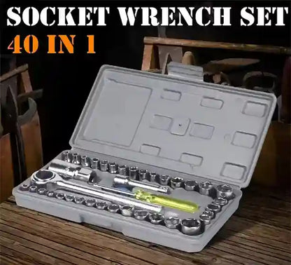 40-in-1 socket wrench set in a gray case on a wooden surface.