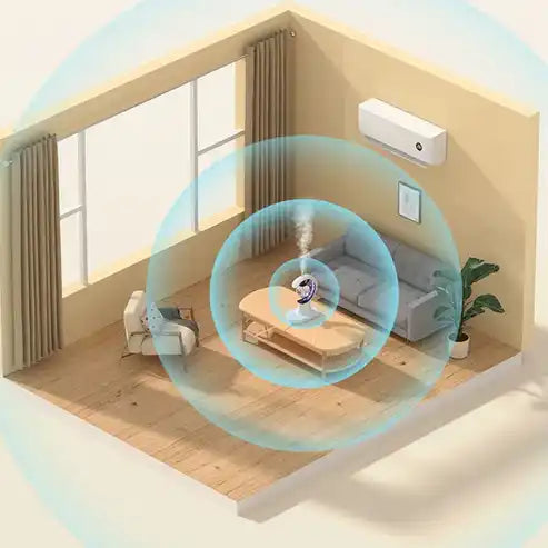 Modern living room with a smart air purifier device on the wall.