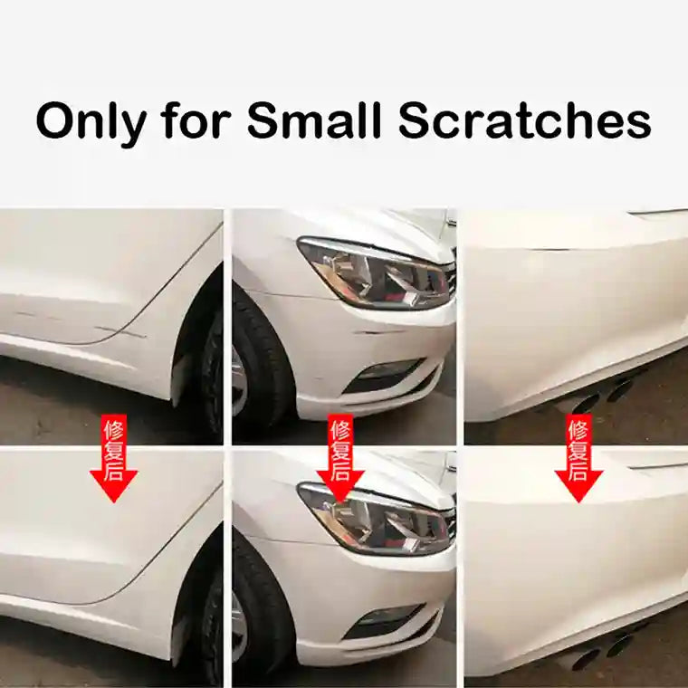 Collage of a white car with small scratches and修复后 (restored) labels, with text 'Only for Small Scratches'.