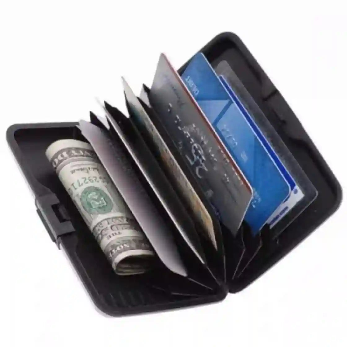 Black cardholder with money and cards on a white background
