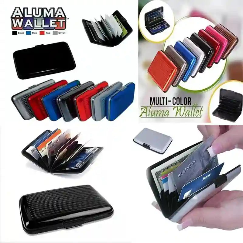 Aluma Wallet in various colors with a hand holding one, showing its use.