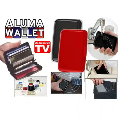 Aluma Wallet product collage with various uses and features.