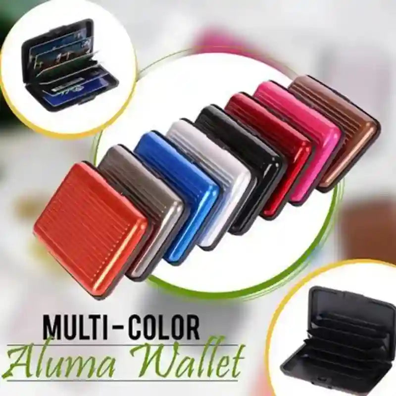 Multi-color Aluma Wallet displayed with a close-up inset on a light background
