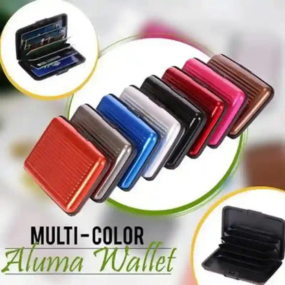 Multi-color Aluma Wallet displayed with a close-up inset on a light background