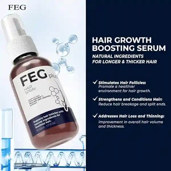 FEG hair growth boosting serum bottle with product description on a blue background