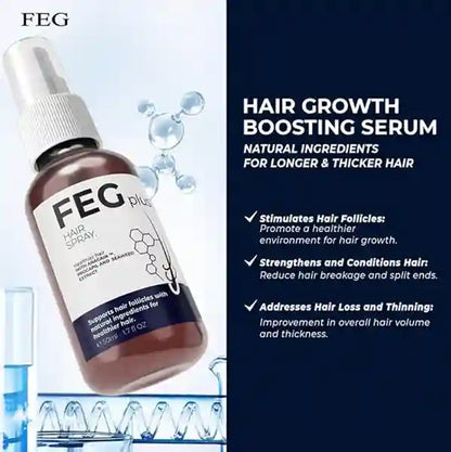 FEG hair growth boosting serum bottle with product description on a blue background