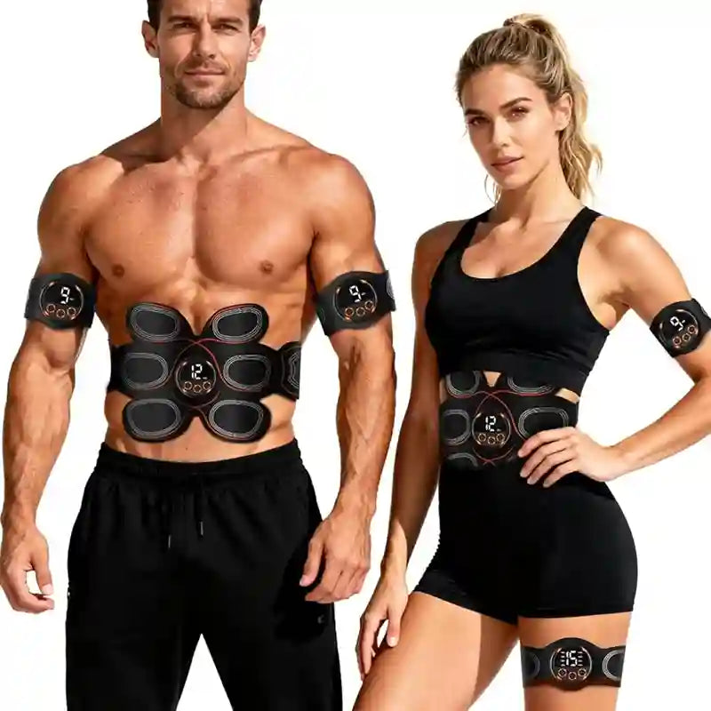 Man and woman wearing black electronic muscle stimulators on a white background