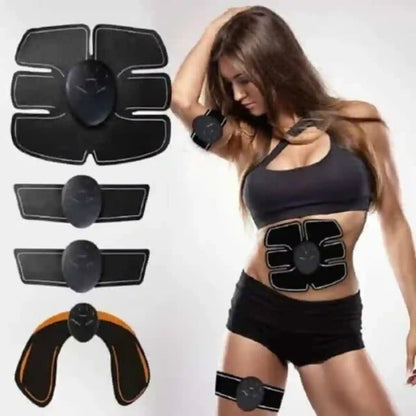 Woman wearing electronic muscle stimulators with product images on a white background
