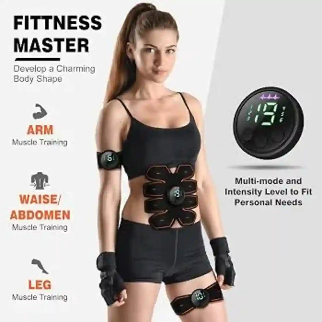 A woman modeling a black abdominal and arm muscle stimulator fitness device with a digital display, shown on a light gray background with feature callouts and text.
