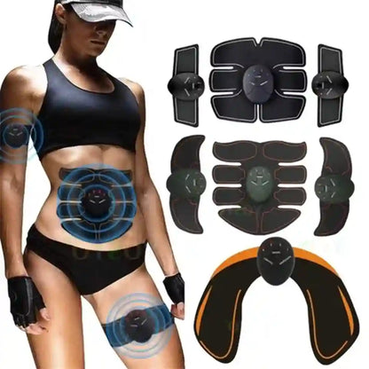 A fitness muscle stimulator belt set shown on a model, with additional separate electrode pads displayed to the right. The set includes black and dark gray abdominal, side, and hip belts, plus an orange and black neck/chest strap, with blue graphic overlays indicating target areas.