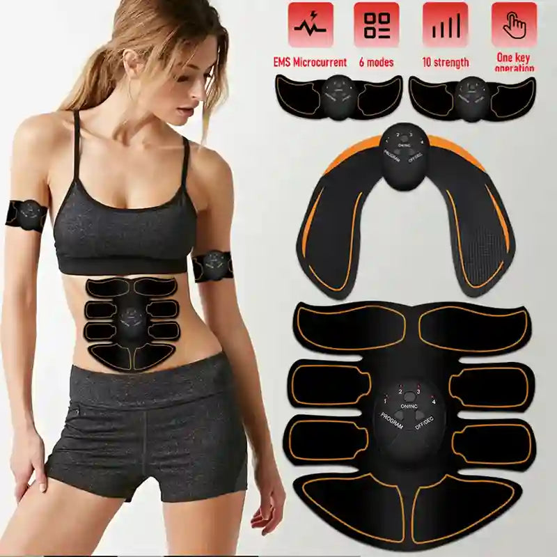 A woman wearing a black EMS abdominal trainer with arm and waist pads, shown alongside the product components and feature icons on a light gray background.
