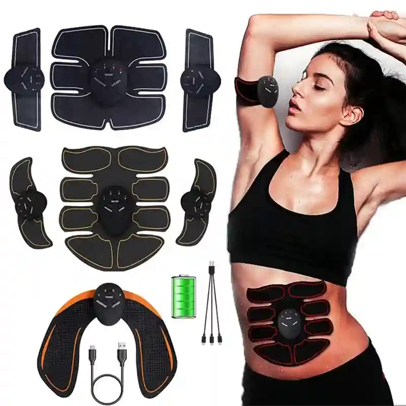 A set of black and orange electronic abdominal exercise pads shown both individually and being worn by a woman on her stomach and upper arm, with a battery, cables, and charging accessories on a white background.